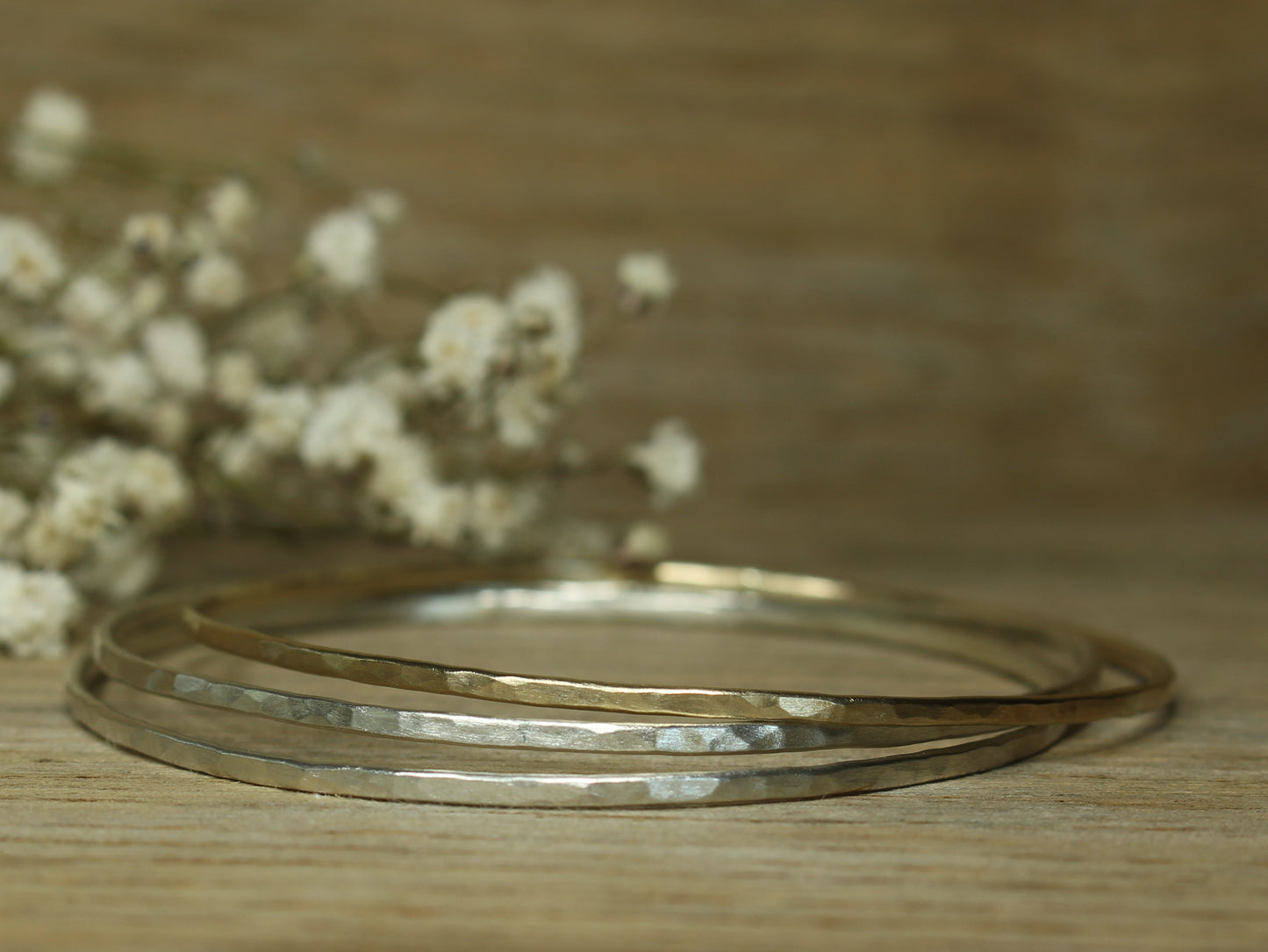 Hammered Dainty Bangle in 9ct or 14ct or 18ct Solid Yellow Gold