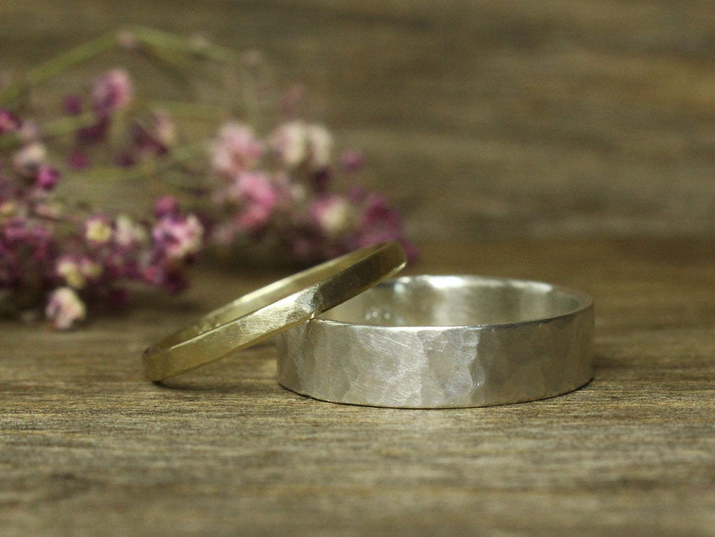 Hammered Band Set of Two in Gold and Sterling Silver