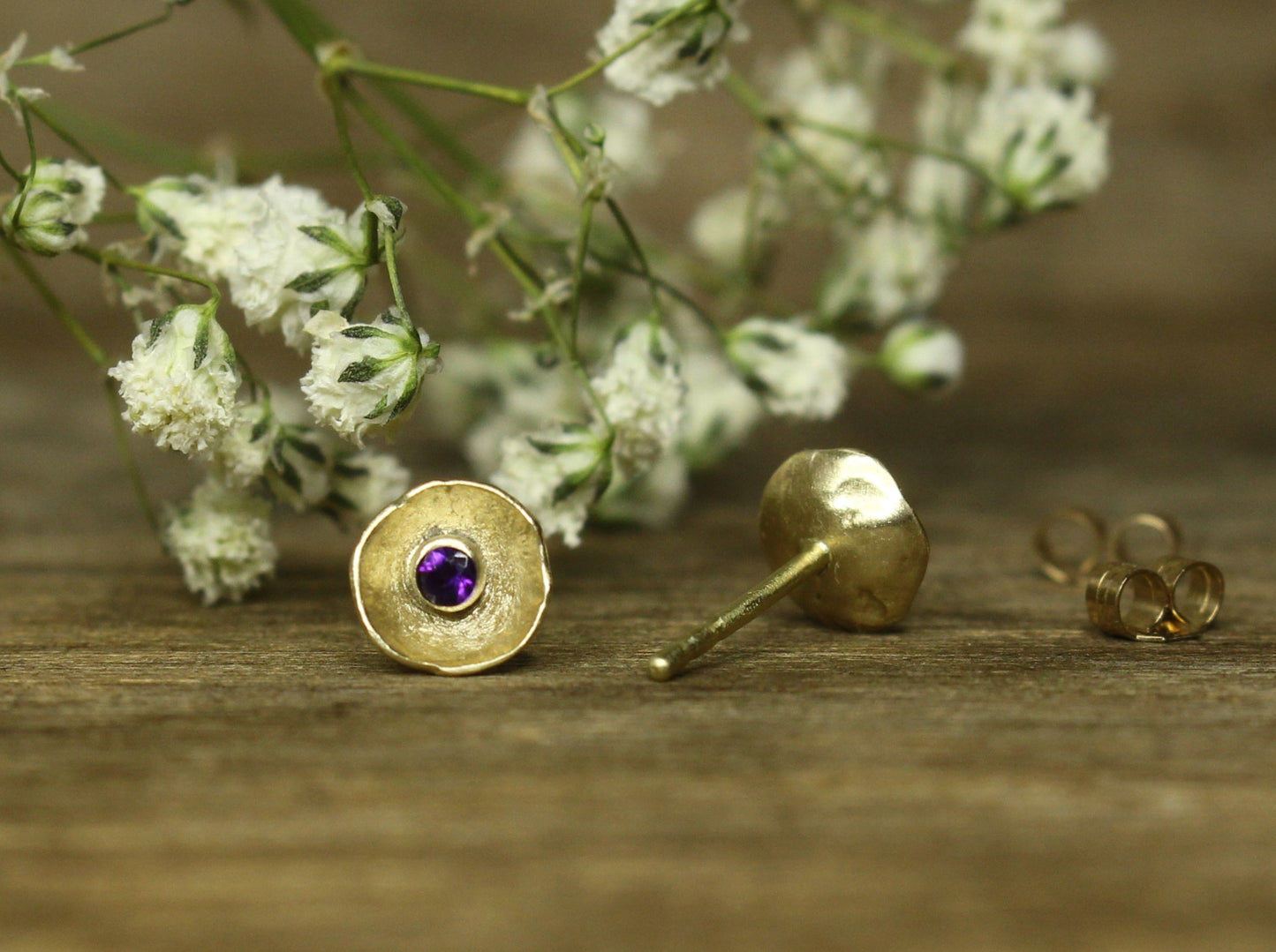 Sweetheart Gemstone Flower Studs in Solid Gold