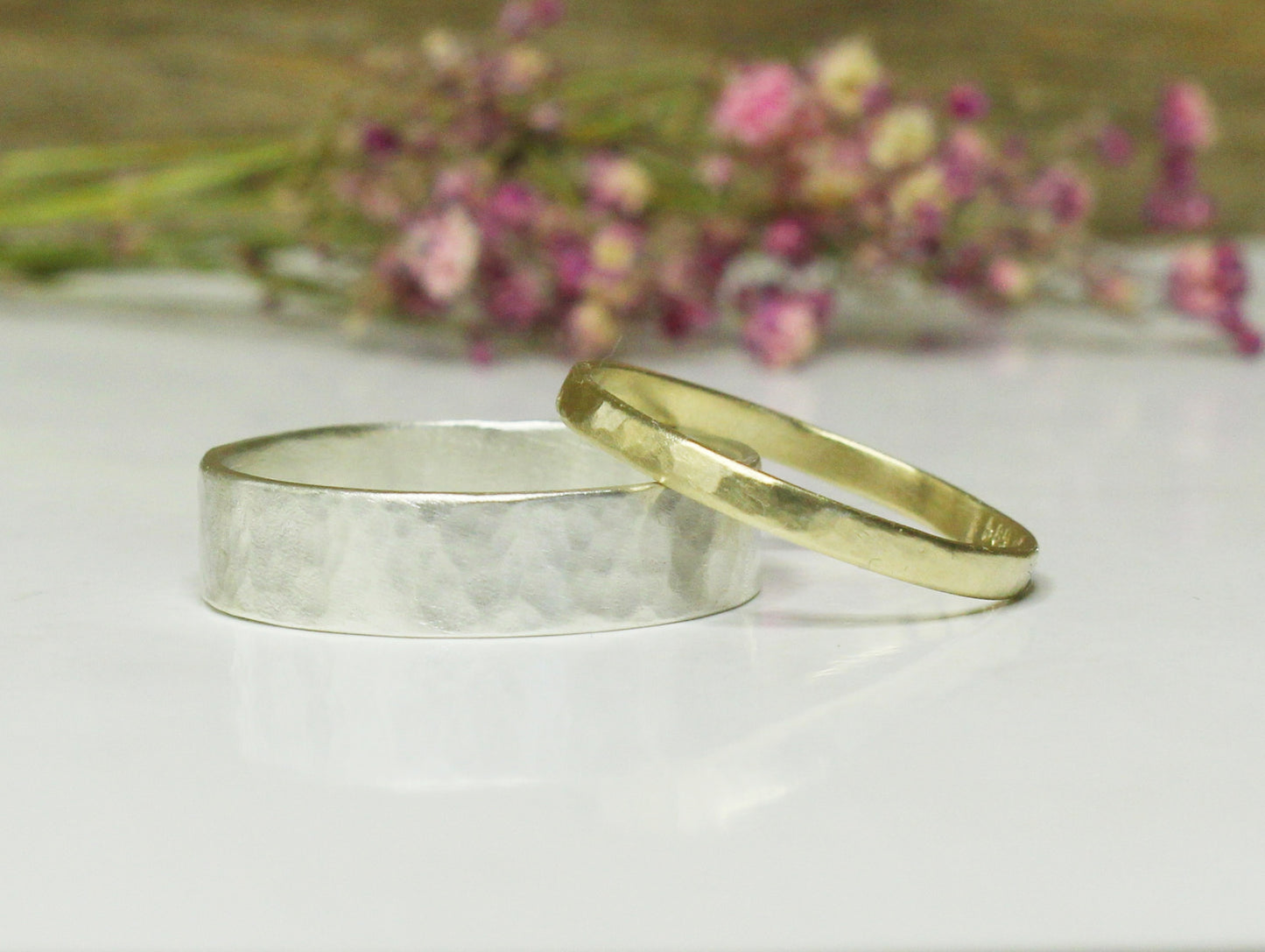 Hammered Band Set of Two in Gold and Sterling Silver