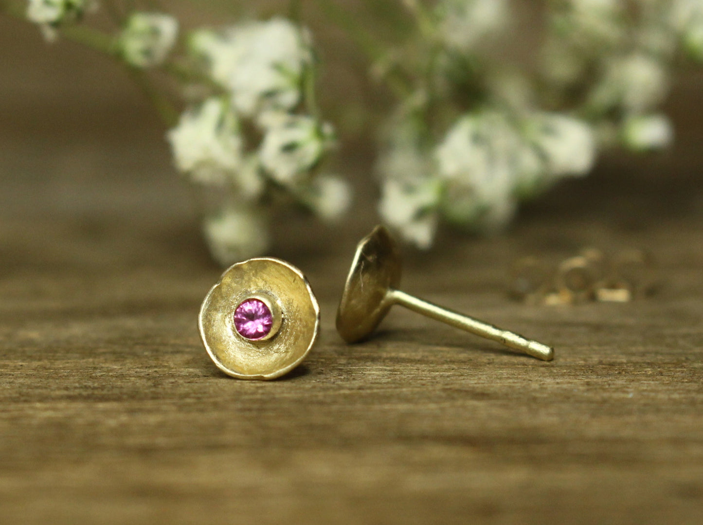 Sweetheart Gemstone Flower Studs in Solid Gold