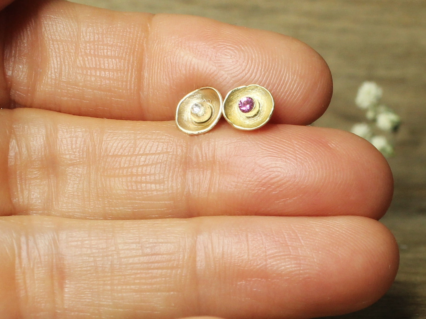 Sweetheart Gemstone Flower Studs in Solid Gold