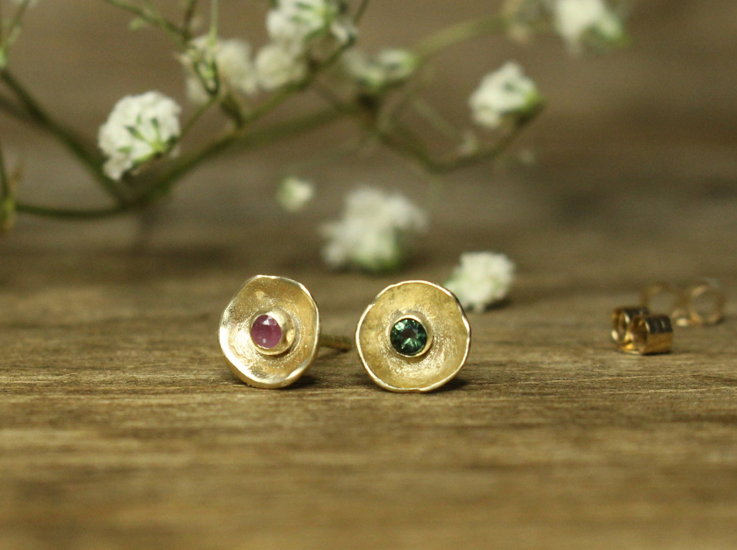 Sweetheart Gemstone Flower Studs in Solid Gold