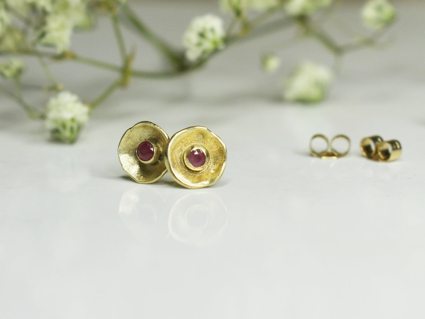 Sweetheart Gemstone Flower Studs in Solid Gold