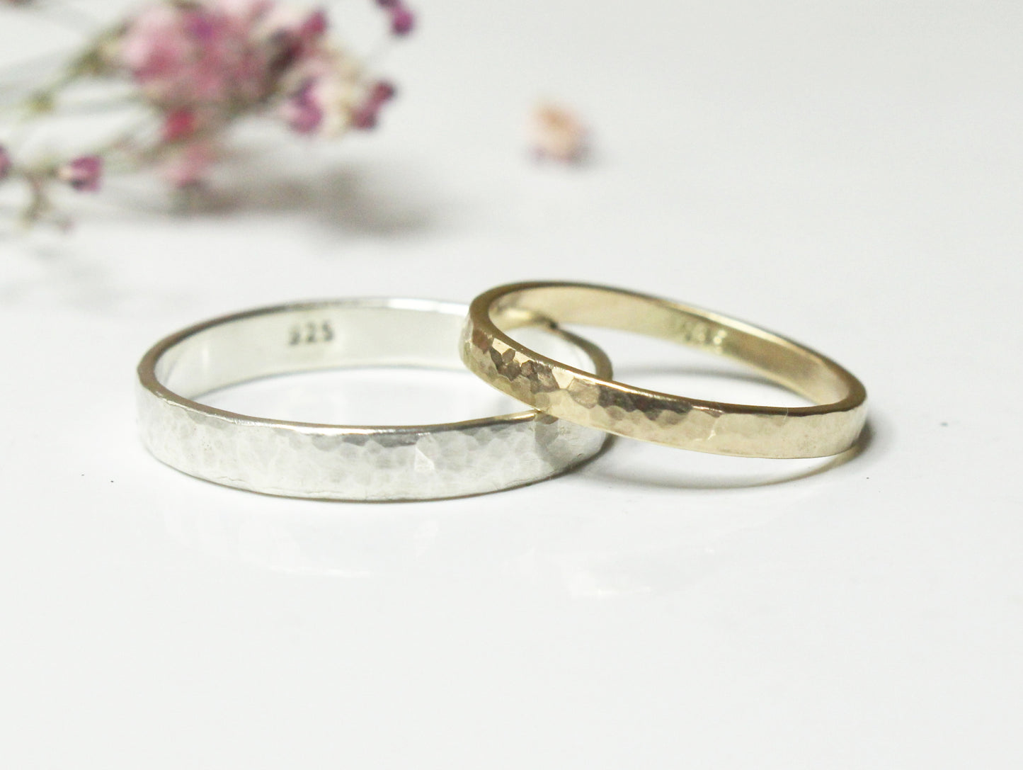 Hammered Band Set of Two in Gold and Sterling Silver