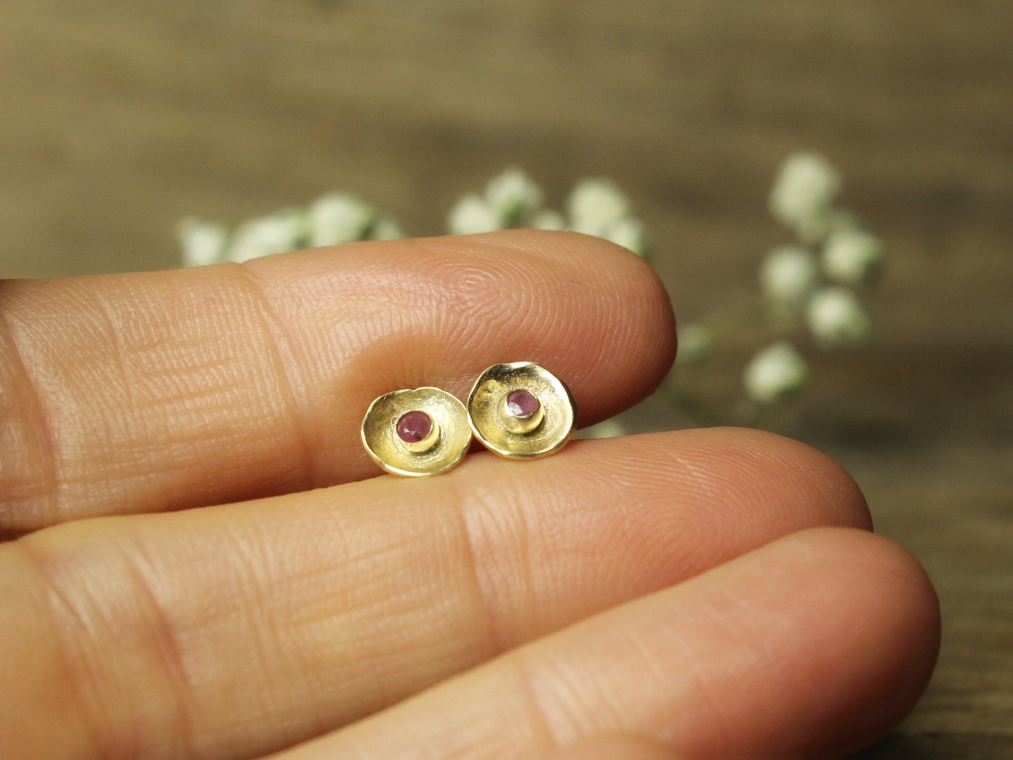 Sweetheart Gemstone Flower Studs in Solid Gold