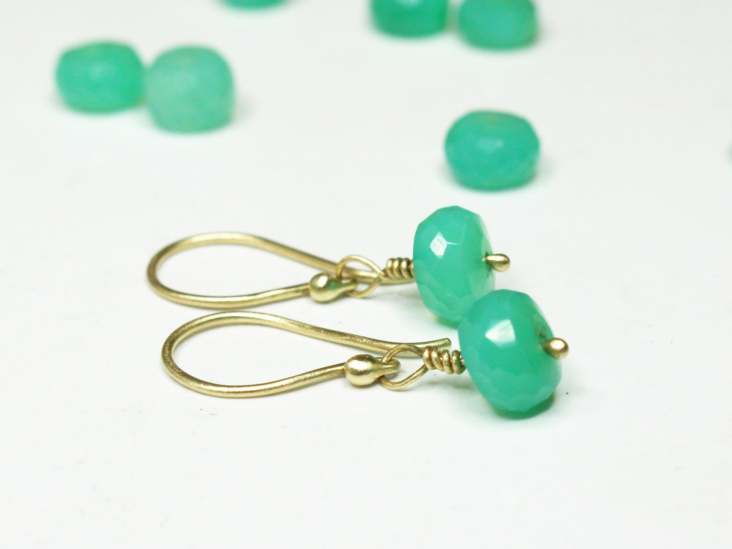 Dangly Earrings in 9ct Gold with Chrysoprase Beads