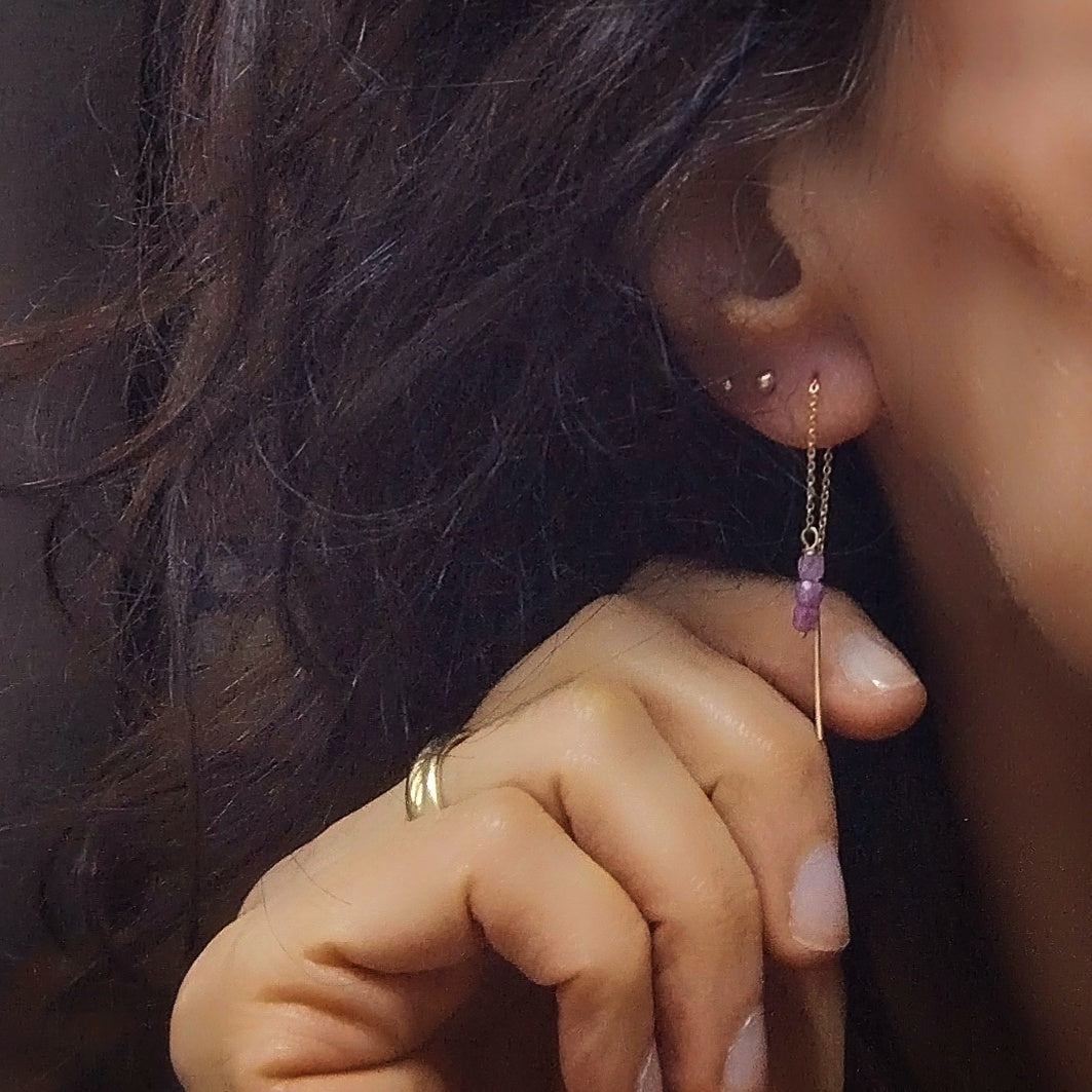 Threader Earrings in 14ct Yellow Gold with Vintage Gems
