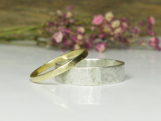 Hammered Band Set of Two in Gold and Sterling Silver