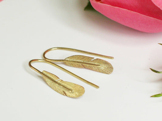 Feather Drop Earrings in 9ct Yellow Gold