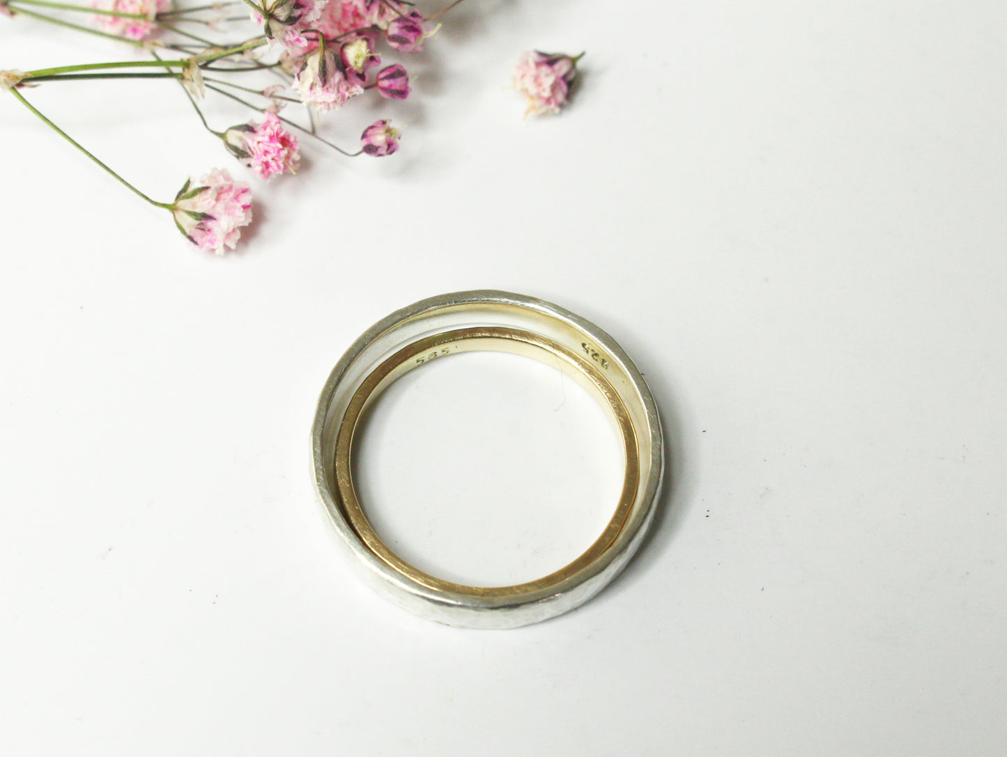 Hammered Band Set of Two in Gold and Sterling Silver