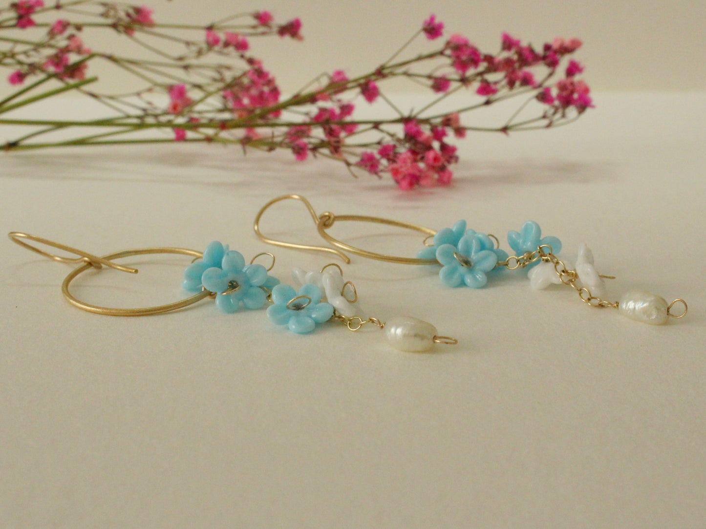 Something Blue Bridal Earrings in 9ct Yellow Gold with Glass Flowers
