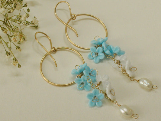 Something Blue Bridal Earrings in 9ct Yellow Gold with Glass Flowers