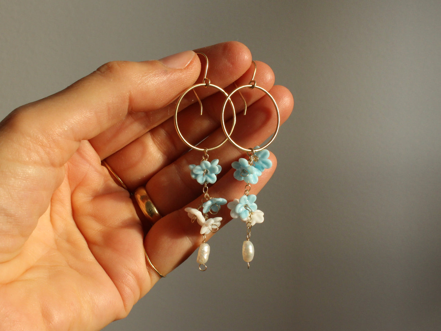 Something Blue Bridal Earrings in 9ct Yellow Gold with Glass Flowers