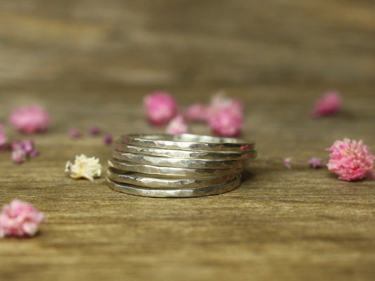Set of Dainty Hammered Rings in Recycled Sterling Silver
