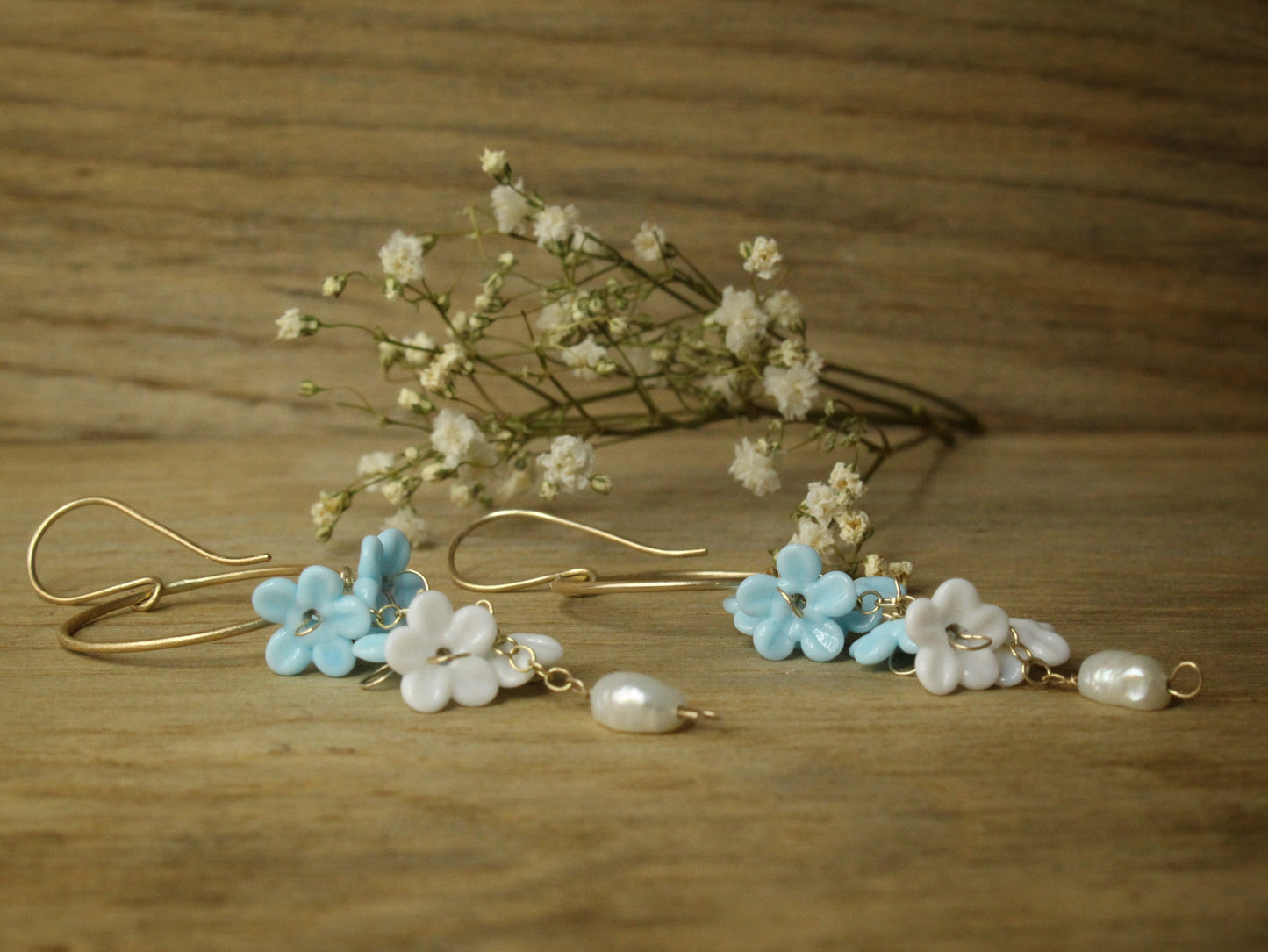 Something Blue Bridal Earrings in 9ct Yellow Gold with Glass Flowers