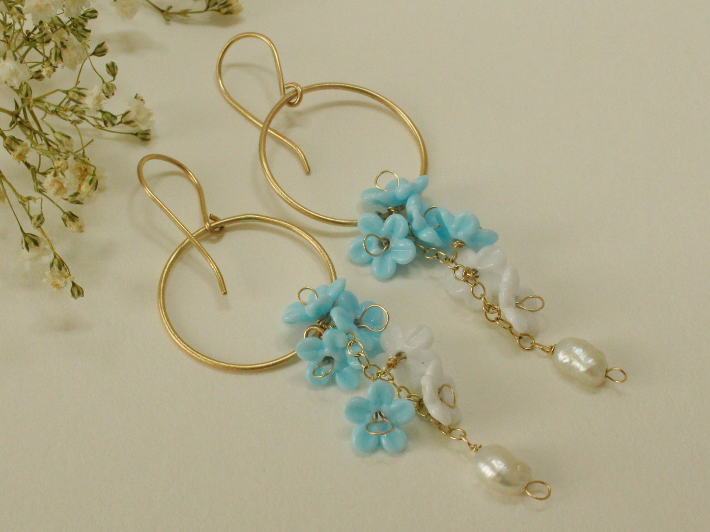 Something Blue Bridal Earrings in 9ct Yellow Gold with Glass Flowers