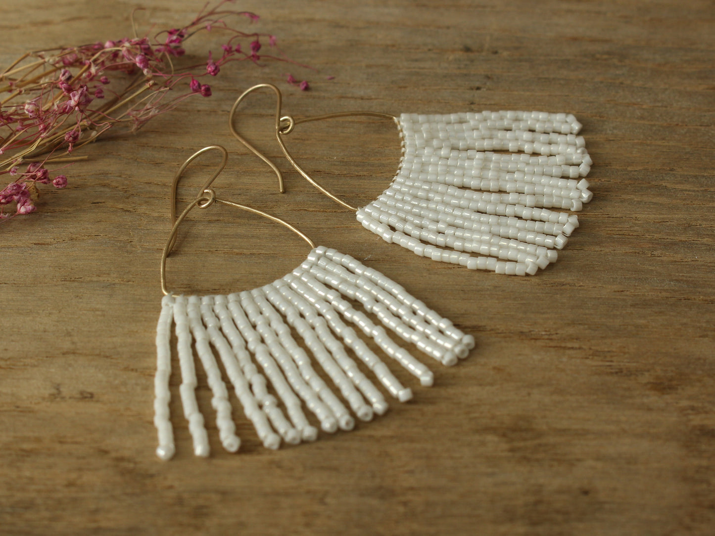 Fringe Beaded Earrings in Solid Gold and Miyuki Glass Beads