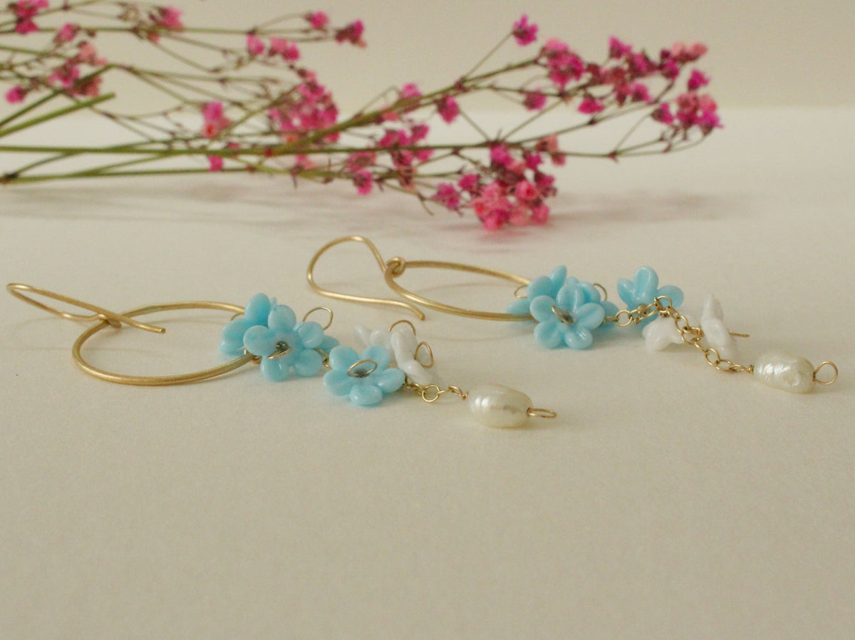 Something Blue Bridal Earrings in 9ct Yellow Gold with Glass Flowers