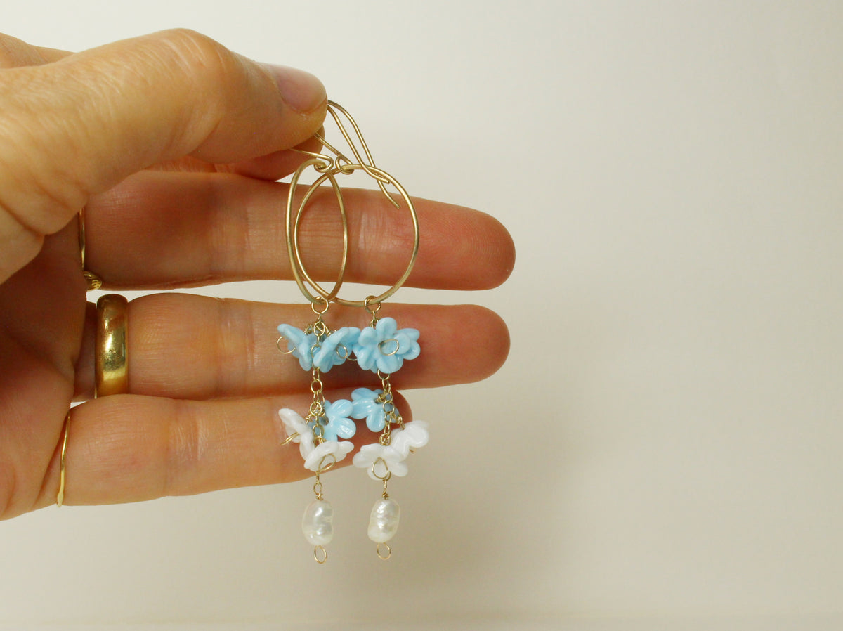 Something Blue Bridal Earrings in 9ct Yellow Gold with Glass Flowers