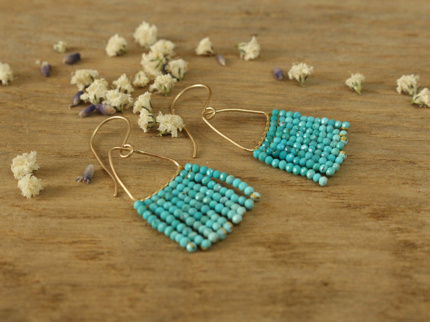 American Turquoise Beaded Earrings in Solid Gold