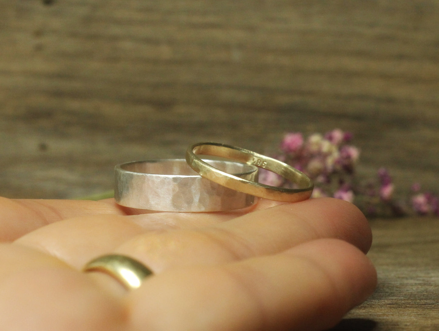 Hammered Band Set of Two in Gold and Sterling Silver