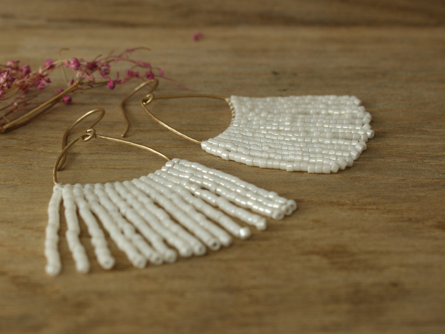 Fringe Beaded Earrings in Solid Gold and Miyuki Glass Beads