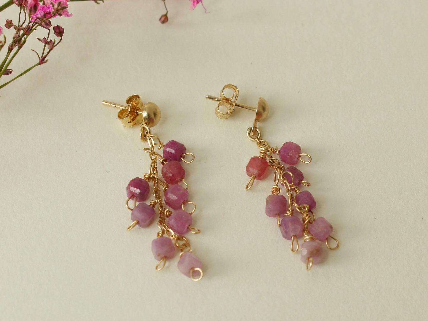 Ruby Earrings in 9ct Yellow Gold with Vintage Raw Rubies